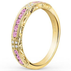 Kirk Kara Yellow Gold "Charlotte" Pink Sapphire Round Cut Diamond Wedding Band Angled Side View