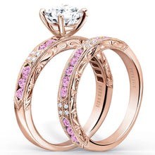 Load image into Gallery viewer, Kirk Kara Rose Gold &quot;Charlotte&quot; Pink Sapphire Round Cut Diamond Wedding Band Angled Side View
