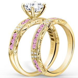 Kirk Kara Yellow Gold "Charlotte" Pink Sapphire Round Cut Diamond Engagement Ring Set Angled Side View