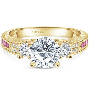 Kirk Kara Yellow Gold "Charlotte" Pink Sapphire Three Stone Diamond Engagement Ring Front View