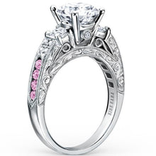 Load image into Gallery viewer, Kirk Kara White Gold &quot;Charlotte&quot; Pink Sapphire Three Stone Diamond Engagement Ring Angled Side View
