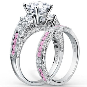 Kirk Kara White Gold "Charlotte" Pink Sapphire Three Stone Diamond Engagement Ring Set Angled Side View