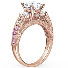 Load image into Gallery viewer, Kirk Kara Rose Gold  &quot;Charlotte&quot; Pink Sapphire Three Stone Diamond Engagement Ring Angled Side View
