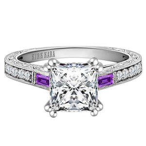 Kirk Kara White Gold "Charlotte" Purple Amethyst Baguette Cut Side Engagement Ring Front View