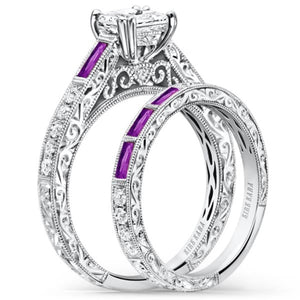 Kirk Kara White Gold "Charlotte" Purple Amethyst Baguette Cut Side Engagement Ring Set Angled Side View 