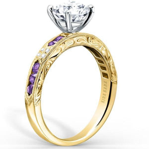 Kirk Kara Yellow Gold "Charlotte" Emerald Cut Amethyst & Diamond Engagement Ring Angled Side View