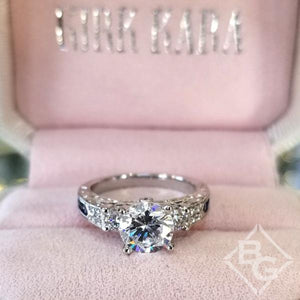 Kirk Kara White Gold "Charlotte" Three Stone Blue Sapphire Diamond Engagement Ring Front View on Box