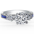 Load image into Gallery viewer, Kirk Kara White Gold &quot;Charlotte&quot; Three Stone Blue Sapphire Diamond Engagement Ring Front View 
