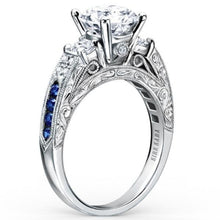 Load image into Gallery viewer, Kirk Kara White Gold &quot;Charlotte&quot; Three Stone Blue Sapphire Diamond Engagement Ring Angled Side View
