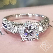 Load image into Gallery viewer, Kirk Kara White Gold &quot;Charlotte&quot; Three Stone Blue Sapphire Diamond Engagement Ring Front View 
