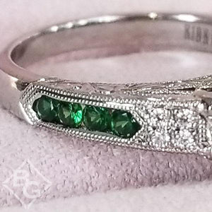 Kirk Kara "Charlotte" Three Stone Green Tsavorite Diamond Engagement Ring