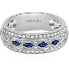 Load image into Gallery viewer, Kirk Kara &quot;Dahlia&quot; Blue Sapphire Milgrain Wide Diamond Wedding Band

