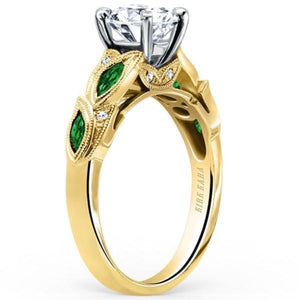 Kirk Kara Yellow Gold "Dahlia" Green Tsavorite Garnet Leaf Diamond Engagement Ring Angled Side View