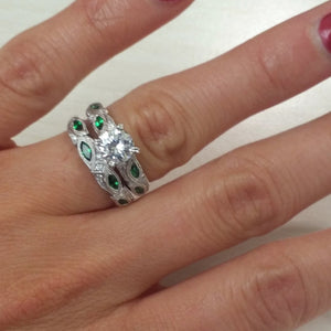 Kirk Kara White Gold "Dahlia" Green Tsavorite Garnet Leaf Diamond Engagement Ring Set On Model Hand