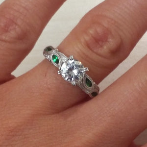 Kirk Kara White Gold "Dahlia" Green Tsavorite Garnet Leaf Diamond Engagement Ring Close Up On Hand
