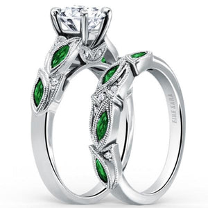 Kirk Kara White Gold "Dahlia" Green Tsavorite Garnet Leaf Diamond Engagement Ring Set Angled Side View