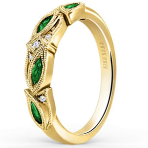 Kirk Kara Yellow Gold "Dahlia" Green Tsavorite Garnet Leaf Diamond Wedding Band Angled Side View