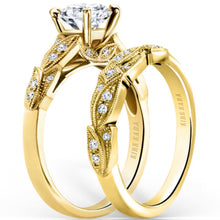 Load image into Gallery viewer, Kirk Kara Yellow Gold &quot;Dahlia&quot; Leaf Diamond Engagement Ring Set Angled Side View
