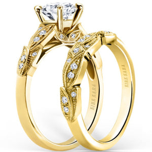 Kirk Kara Yellow Gold "Dahlia" Leaf Diamond Engagement Ring Set Angled Side View