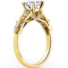 Load image into Gallery viewer, Kirk Kara Yellow Gold &quot;Dahlia&quot; Leaf Diamond Engagement Ring Angled Side View
