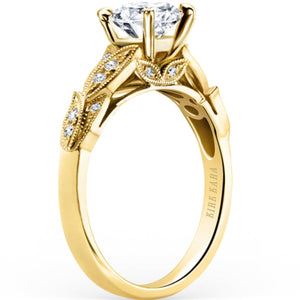 Kirk Kara Yellow Gold "Dahlia" Leaf Diamond Engagement Ring Angled Side View