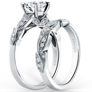 Kirk Kara White Gold "Dahlia" Leaf Diamond Engagement Ring Set Angled Side View