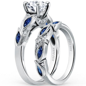 Kirk Kara White Gold "Dahlia" Marquise Cut Blue Sapphire Diamond Engagement Ring Set Angled Side View