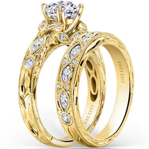 Kirk Kara Yellow Gold "Dahlia" Marquise Cut Diamond Engagement Ring Set Angled Side View