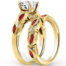 Load image into Gallery viewer, Kirk Kara &quot;Dahlia&quot; Marquise Cut Leaf Red Ruby Wedding Band
