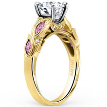 Load image into Gallery viewer, Kirk Kara Yellow Gold &quot;Dahlia&quot; Marquise Cut Pink Sapphire Diamond Engagement Ring Angled Side View
