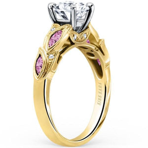 Kirk Kara Yellow Gold "Dahlia" Marquise Cut Pink Sapphire Diamond Engagement Ring Angled Side View