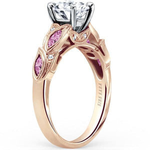 Kirk Kara Rose Gold "Dahlia" Marquise Cut Pink Sapphire Diamond Engagement Ring Angled Side View