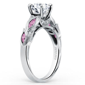 Kirk Kara White Gold "Dahlia" Marquise Cut Pink Sapphire Diamond Engagement Ring Angled Side View