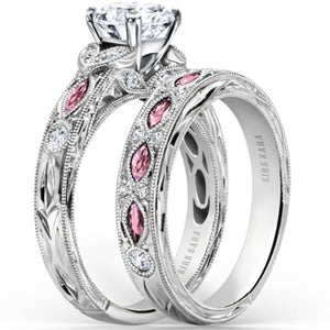 Kirk Kara White Gold "Dahlia" Marquise Cut Pink Sapphire Diamond Engagement Ring Set Angled Side View