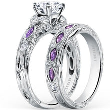 Load image into Gallery viewer, Kirk Kara White Gold &quot;Dahlia&quot; Marquise-Cut Vintage Amethyst Diamond Engagement Ring Set Angled Side View
