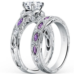 Kirk Kara White Gold "Dahlia" Marquise-Cut Vintage Amethyst Diamond Engagement Ring Set Angled Side View