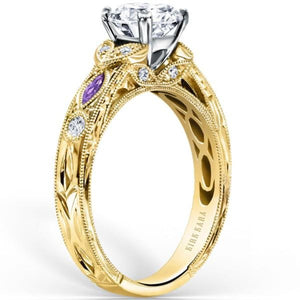 Kirk Kara Yellow Gold "Dahlia" Marquise-Cut Vintage Amethyst Diamond Engagement Ring Angled Side View