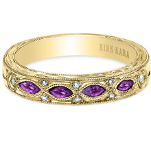 Load image into Gallery viewer, Kirk Kara Yellow Gold &quot;Dahlia&quot; Marquise-Cut Vintage Amethyst Diamond Wedding Band Front View
