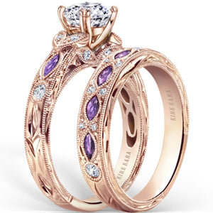 Kirk Kara "Dahlia" Marquise-Cut Vintage Amethyst Diamond Engagement Ring Set Angled Side View 