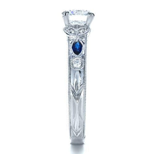 Kirk Kara White Gold Dahlia Marquise Shaped Blue Sapphire Diamond Engagement Ring Side View
