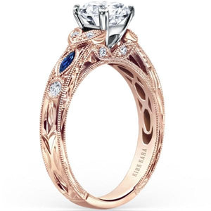 Kirk Kara Rose Gold Dahlia Marquise Shaped Blue Sapphire Diamond Engagement Ring  Angled Side View 