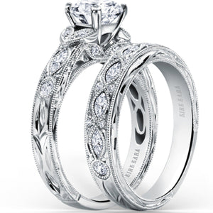 Kirk Kara White Gold "Dahlia" Marquise Side Stone Diamond Engagement Ring Set Angled Side View