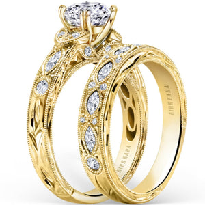 Kirk Kara Yellow Gold "Dahlia" Marquise Side Stone Diamond Engagement Ring Set Angled Side View 