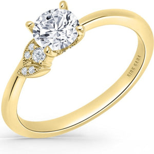Kirk Kara Yellow Gold "Dahlia" Petite Leaf Diamond Engagement Ring Angled Side View