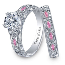 Load image into Gallery viewer, Kirk Kara White Gold &quot;Dahlia&quot; Pink Sapphire Marquise Cut Diamond Engagement Ring Set Angled Side View
