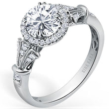 Load image into Gallery viewer, Kirk Kara White Gold &quot;Lori&quot; Diamond Halo Engagement Ring Angled Side View

