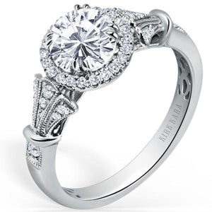 Kirk Kara White Gold "Lori" Diamond Halo Engagement Ring Angled Side View