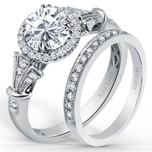Load image into Gallery viewer, Kirk Kara White Gold &quot;Lori&quot; Diamond Halo Engagement Ring Set Angled Side View
