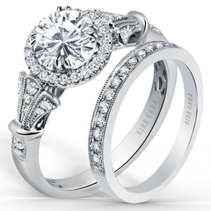 Kirk Kara White Gold "Lori" Diamond Halo Engagement Ring Set Angled Side View