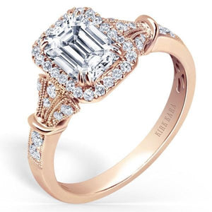 Kirk Kara Rose Gold "Lori" Emerald Cut Halo Diamond Engagement Ring Angled Side View